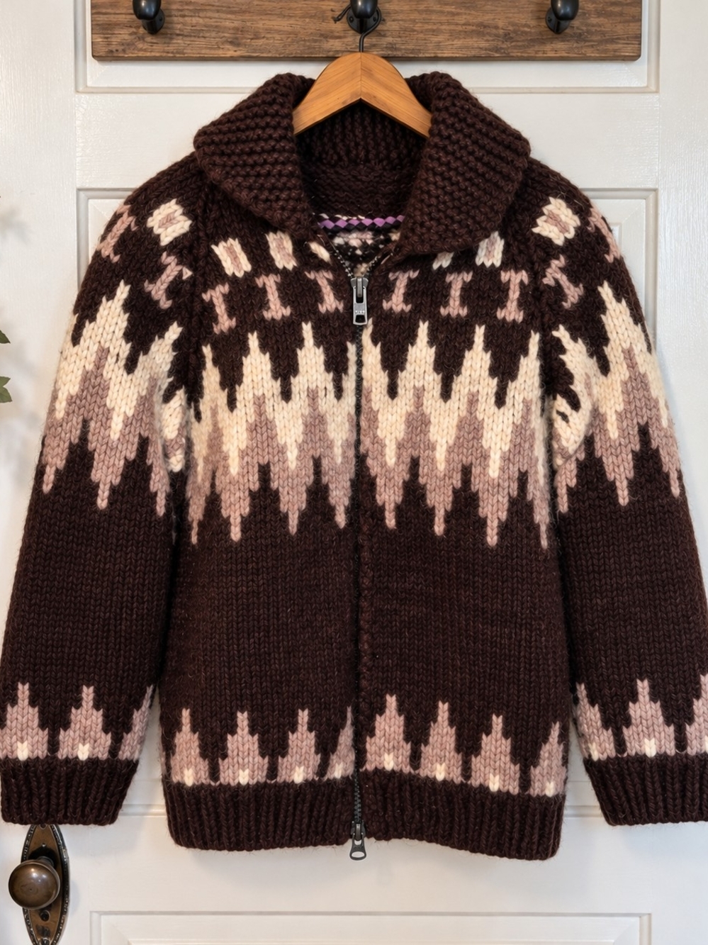 Handmade Wool Cowichan Style Nordic Zip Cardigan Brown 22” PTP